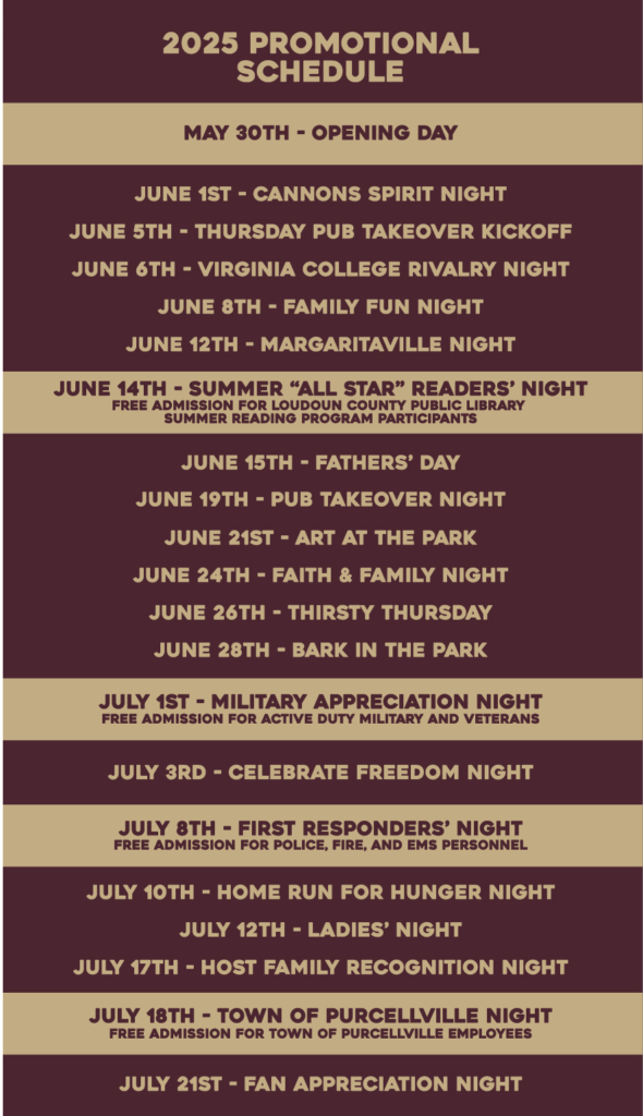 Cannons 2025 Promotional Schedule